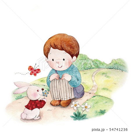 男の子とうさぎのイラスト素材