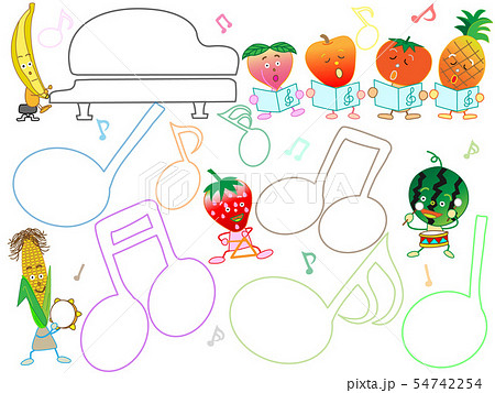 音楽のタイトルフレーム。野菜と果物たちの収穫を祝うコンサートです 54742254
