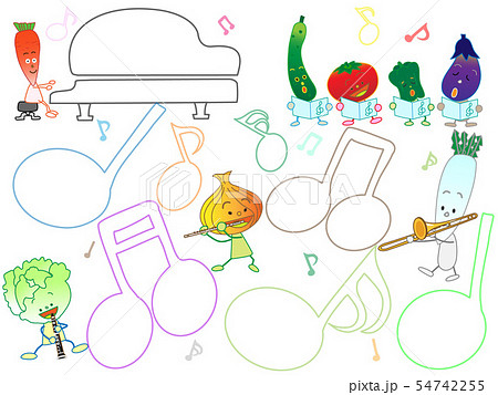 音楽のタイトルフレーム。野菜と果物たちの収穫を祝うコンサートです 54742255