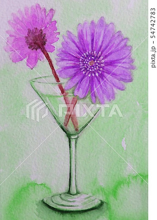 水彩画 花 ガーベラ カクテルグラスのイラスト素材