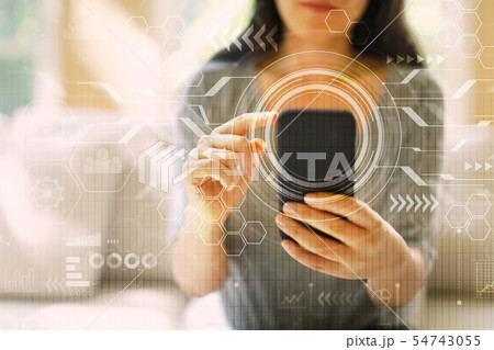 Circle Interface with woman using a smartphone 54743055