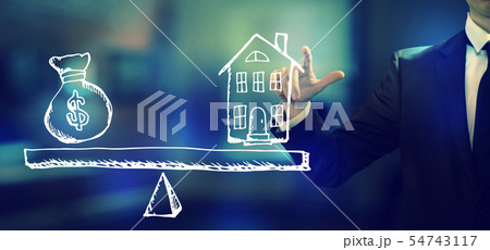House and money on the scale with a businessman House and money on the scale with a businessman 54743117