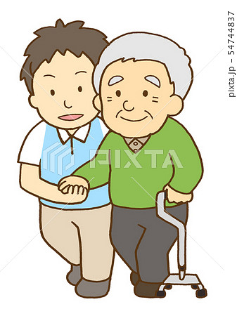 高齢男性の歩行介助を行なう男性介護員のイラスト素材