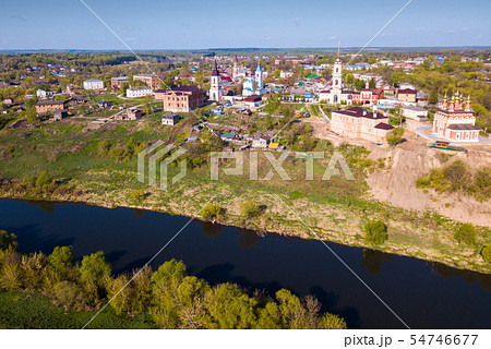 Panoramic aerial view of district of Belev on riverside, Tula region Panoramic aerial view of district of Belev on riverside, Tula region 54746677