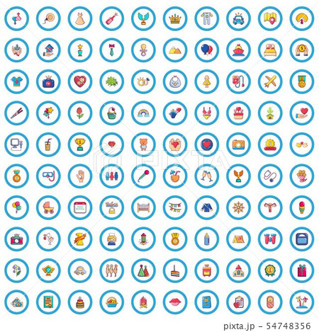 100 happiness icons set, cartoon style 54748356