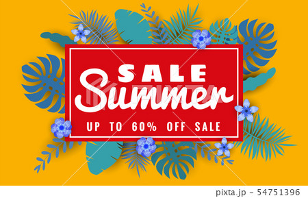 Summer sale banner with paper cut flamingo and tropical leaves background, exotic floral design for 54751396