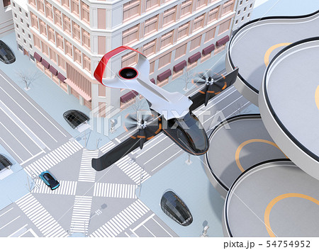 ヘリポートの横から通過する空飛ぶタクシーのイメージ。短距離ライドシェアコンセプト 54754952