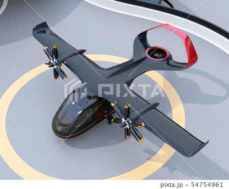 ヘリポートに駐機中のソーラーパネル付き空飛ぶタクシーのイメージ。短距離ライドシェアコンセプト 54754961