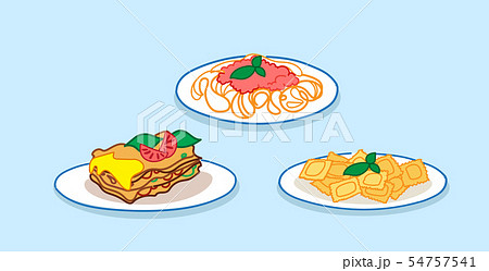 set spaghetti pasta lasagne with basil and tomato sauce restaurant italian food collection sketch 54757541