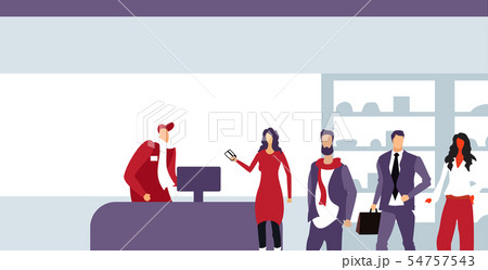 customers standing line queue at cash desk with female cashier shopping concept grocery shop or 54757543