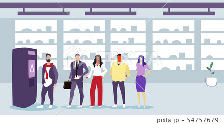 businesspeople standing line queue at self service vending machine men women ordering beverages 54757679