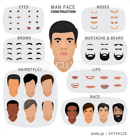 Man face constructor male character avatar creation head skin nose eyes with mustache and beard Man face constructor male character avatar creation head skin nose eyes with mustache and beard 54759120