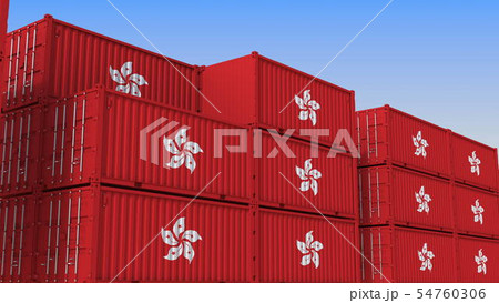 Container terminal full of containers with flag of Hong Kong. Export or import related 3D rendering 54760306