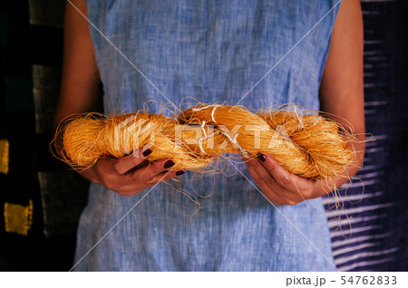 Woman hands holding natural yellow Thai silk fiber 54762833