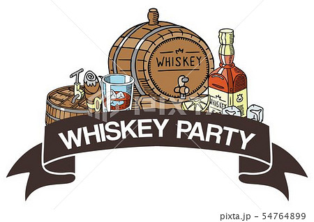 Whiskey party banner vector illustration. Glass with ice cubes and liquid, barrel with tap, bottle Whiskey party banner vector illustration. Glass with ice cubes and liquid, barrel with tap, bottle 54764899