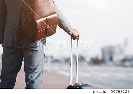 Business Trip. Businessman with Baggage Waiting For Taxi, Crop 54768128
