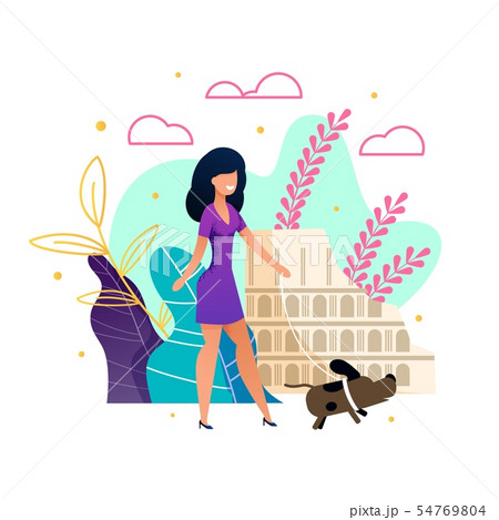 Beautiful Woman Walking Dog during Travelling 54769804