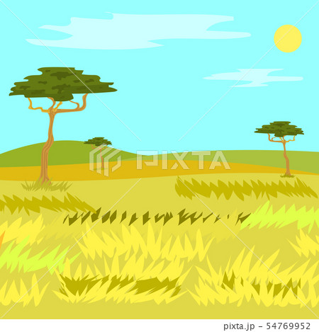 Panorama View Of Savannah Grass And Tree Vectorのイラスト素材