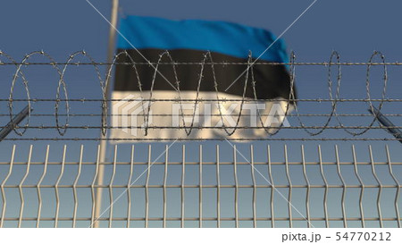 Waving flag of Estonia behind barbed wire fence. Conceptual 3D rendering Waving flag of Estonia behind barbed wire fence. Conceptual 3D rendering 54770212