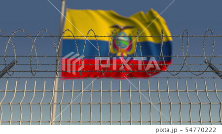 Flying flag of Ecuador behind barbed wire fence. Conceptual 3D rendering Flying flag of Ecuador behind barbed wire fence. Conceptual 3D rendering 54770222