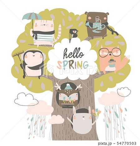 Cute animals sit on spring tree on white background 54770503