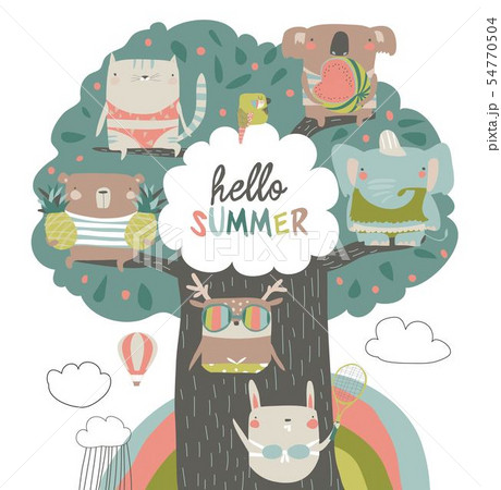 Cute animals sit on summer tree on white background 54770504