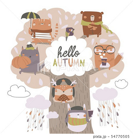 Cute animals sit on autumn tree on white background 54770505