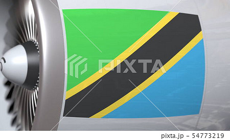 National flag of Tanzania on airplane tourbine engine. Aviation related 3D rendering 54773219