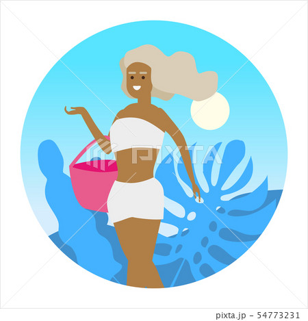 Icon activty on ocean sea summer woman with beach bag. Vacation trip holiday beach , surf, palms 54773231