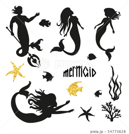 Set Of Black Mermaid Silhouettes Isolated On Whiteのイラスト素材