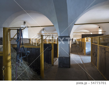 black horse bridle hanging from empty stable stall in historical baroque farm house, natural sun 54773701