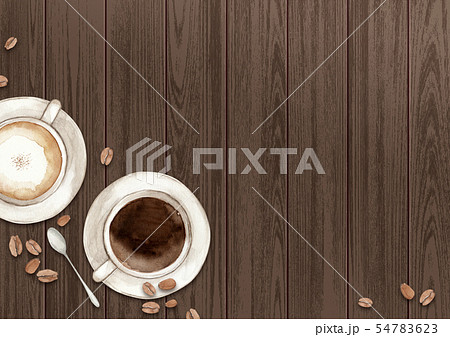 カフェでコーヒーとカフェラテ 背景 イラスト 水彩のイラスト素材