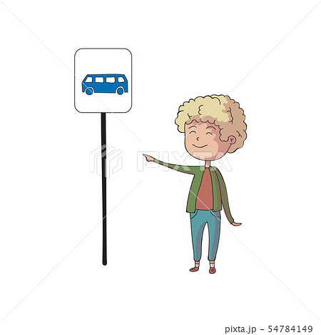 Boy Shows A Road Sign Bus Stop Vector のイラスト素材