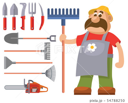 Garden equipment flat set gardener character with rake illustration agriculture farming tools Garden equipment flat set gardener character with rake illustration agriculture farming tools 54788250