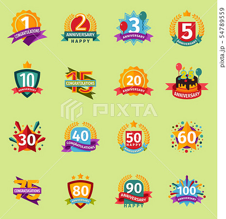 Happy Birthday anniversary numbers badge banner design flat background set. Birthday card Happy Birthday anniversary numbers badge banner design flat background set. Birthday card 54789559