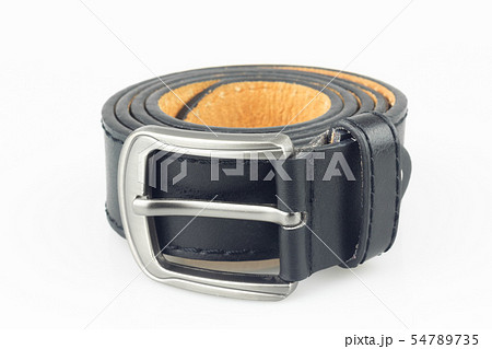 Black leather belt on white background. 54789735