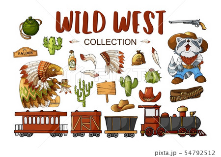 Vector Set Cowboy and Wild West Labels and Sticker Elements in Cartoon Style 54792512