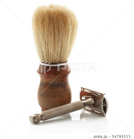 wooden brush with razor on white background 54793515