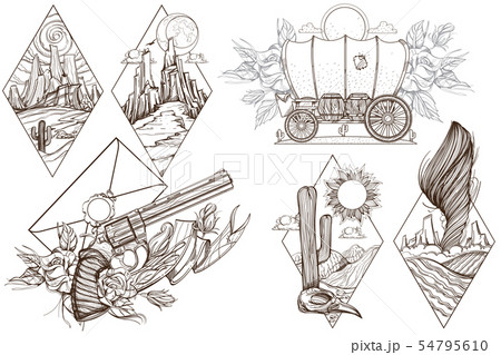 Wild west and nature. A set of outline illustrations with sketches of tattoos. 54795610