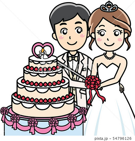 ケーキ入刀する新婚カップルの男性と女性のイラスト素材