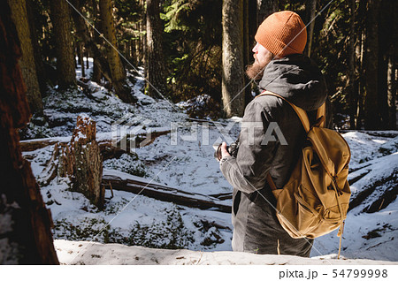 Portrait of a bearded photographer with a reflex camera in his hands in the winter coniferous forest 54799998
