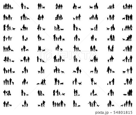 Black silhouettes of family with dog in walking  Black silhouettes of family with dog in walking  54801815