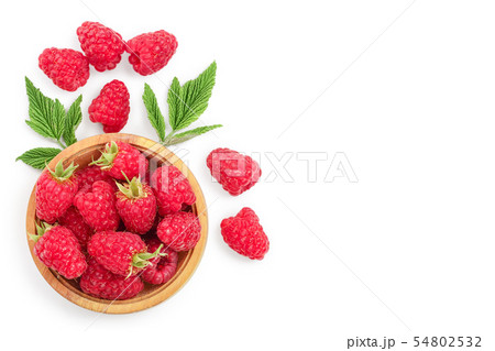 raspberries in wooden bowl with leaves isolated on white background with copy space for your text 54802532
