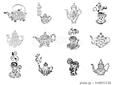 Retro line art teapot and teacup set isolated on 54805336