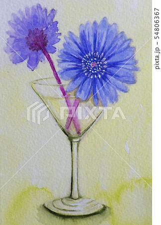 水彩画 ガーベラの花 カクテルグラスのイラスト素材