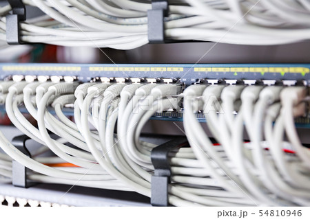 Highspeed network switch and perfect aligned patch cables in datacenter Highspeed network switch and perfect aligned patch cables in datacenter 54810946