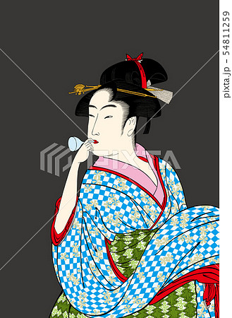 喜多川歌麿イメージポッピンを吹く女明るいバージョン2黒バック 喜多川歌麿イメージポッピンを吹く女明るいバージョン2黒バック 54811259