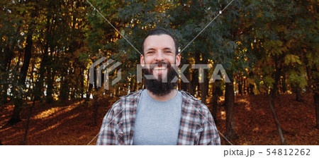 autumn forest happy male tourist nature park autumn forest happy male tourist nature park 54812262