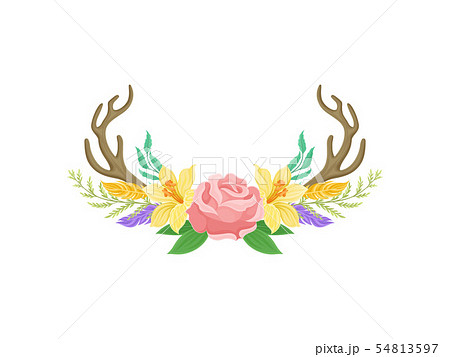 Compositions of large roses,flowers, horns, feathers and green leaves. Vector illustration on white 54813597