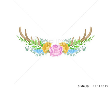 Compositions of large flowers, horns, feathers and leaves. Vector illustration on white background. 54813619
